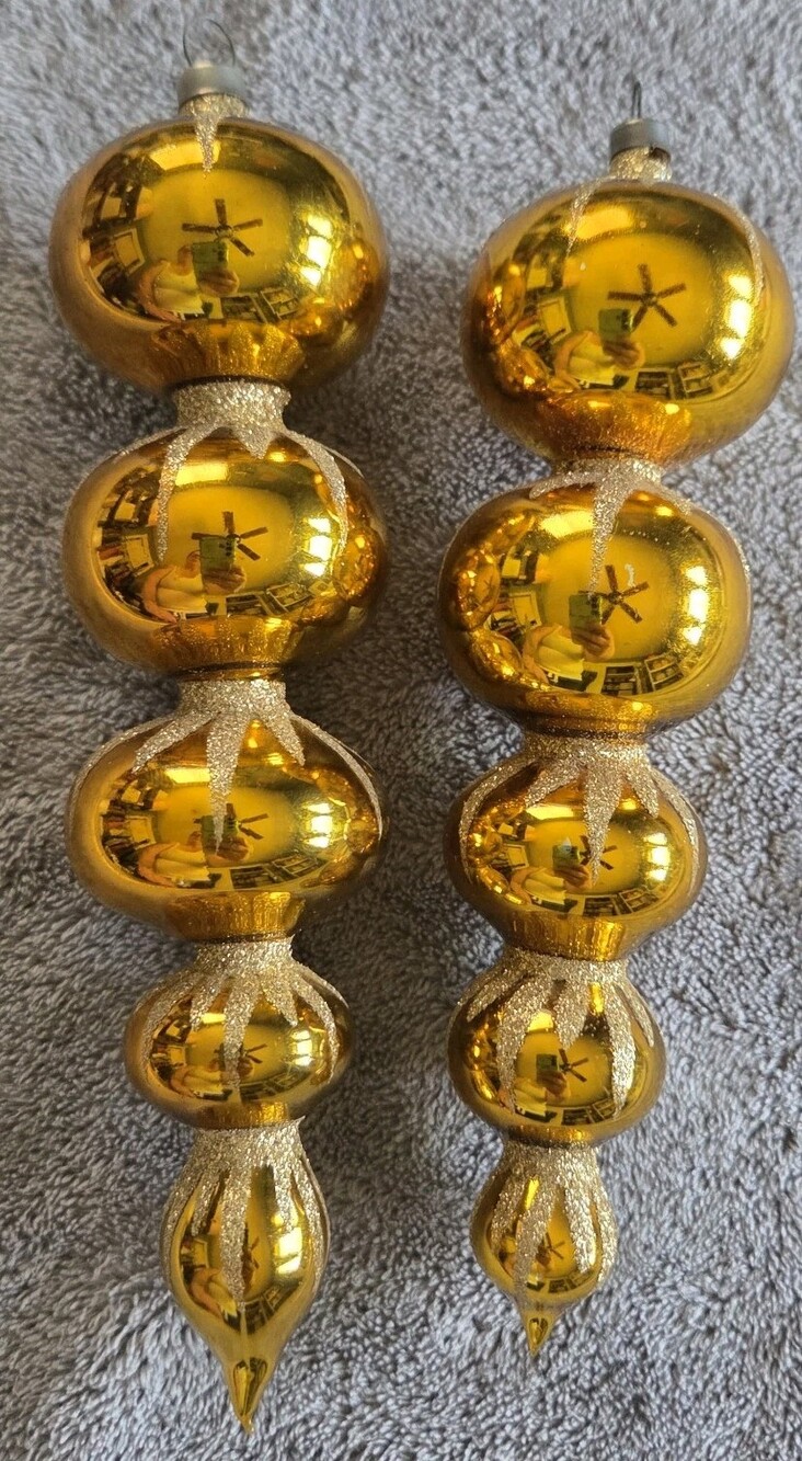 2 Vintage Glass Gold Glittered Tiered  ICICLE DROP Christmas Ornaments Finial